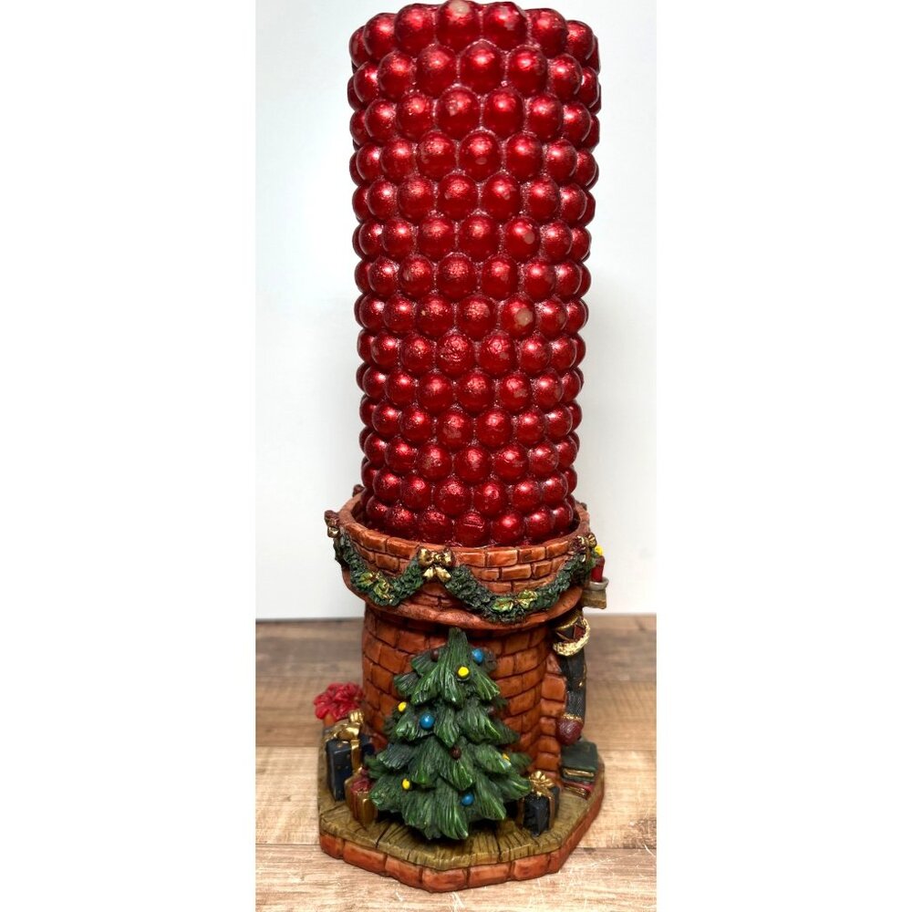 TJs Christmas Cherish The Memories Red Glittered Pillar Candle & Resin Fireplace